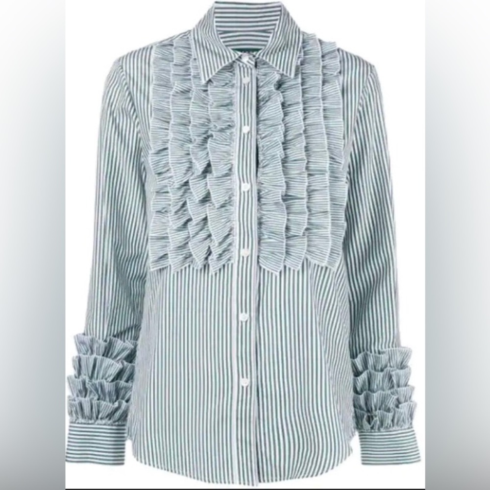 Alexa Chung Green and White Striped Ruffle Button-down Shirt 100% cotton US 2